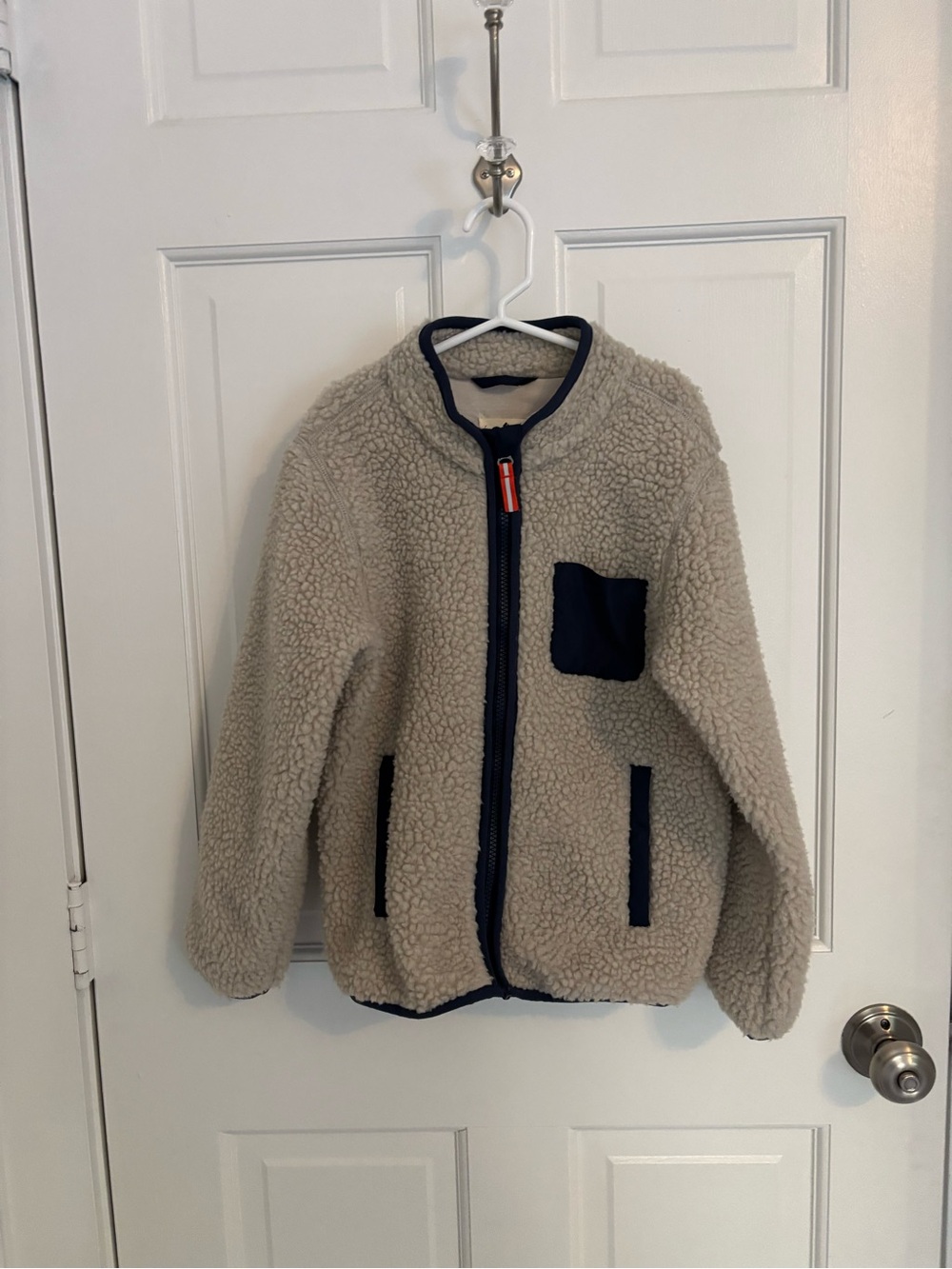 Kids Cream Sherpa Zip Jacket with Navy Trim